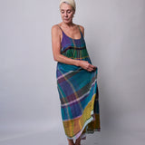 OYSTER SLIP DRESS, GREEN // PURPLE COTTON