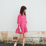 FRANGIPANI MINI DRESS, PINK BLOCKPRINT COTTON
