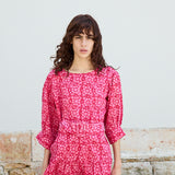 FRANGIPANI MINI DRESS, PINK BLOCKPRINT COTTON