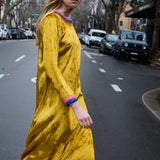 SURYA SWING DRESS, GOLD SILK VELVET PINK/BLUE STRIPE