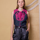 DYNASTY VEST, DENIM/FUCHSIA COTTON APPLIQUE