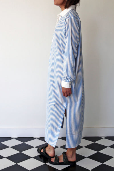 ISLA SHIRT DRESS, BLUE/WHITE STRIPE COTTON