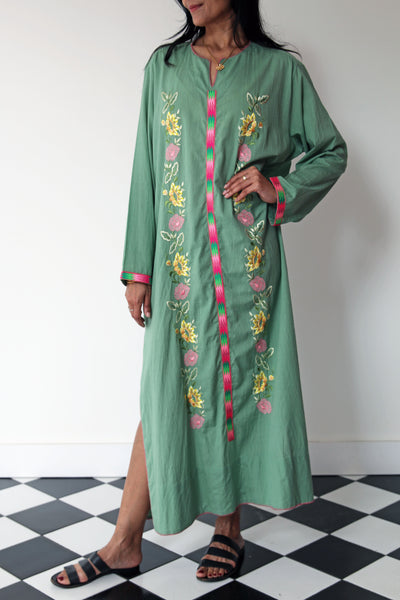 PREMA TUNIC DRESS LONG, FLORAL EMBROIDERY GREEN/PINK