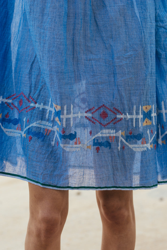 V NECK EMBROIDERED DRESS, DENIM - SAAKI