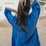 V NECK EMBROIDERED DRESS, DENIM - SAAKI