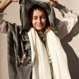 STRIPE SCARF, GREY/IVORY COTTON