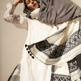 FLORAL SCARF, WHITE/BLACK COTTON