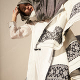 FLORAL SCARF, WHITE/BLACK COTTON