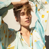 POLKA KURTA SHIRT, BLUE/YELLOW SILK