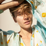 POLKA KURTA SHIRT, BLUE/YELLOW SILK