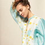 POLKA KURTA SHIRT, BLUE/YELLOW SILK