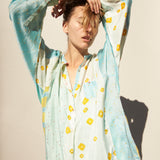 POLKA KURTA SHIRT, BLUE/YELLOW SILK