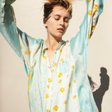 POLKA KURTA SHIRT, BLUE/YELLOW SILK
