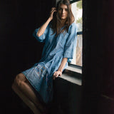 V NECK EMBROIDERED DRESS, DENIM - SAAKI