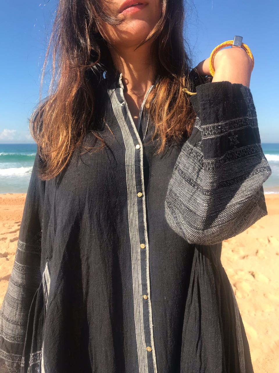 COTTON BUTTON-UP CAFTAN, BLACK - SAAKI