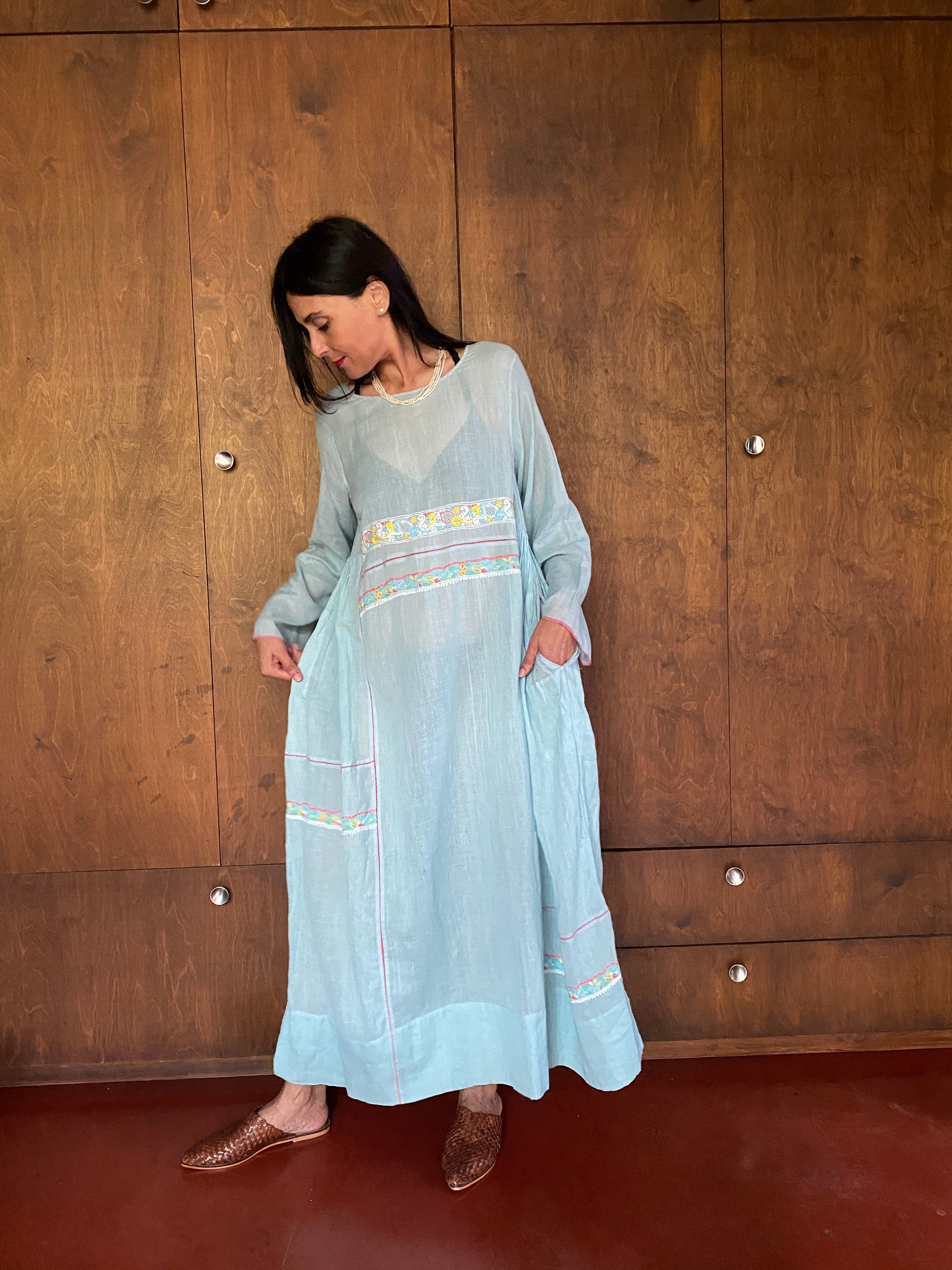 MUSLIN DRESS, BLUE CHIKANKARI - SAAKI