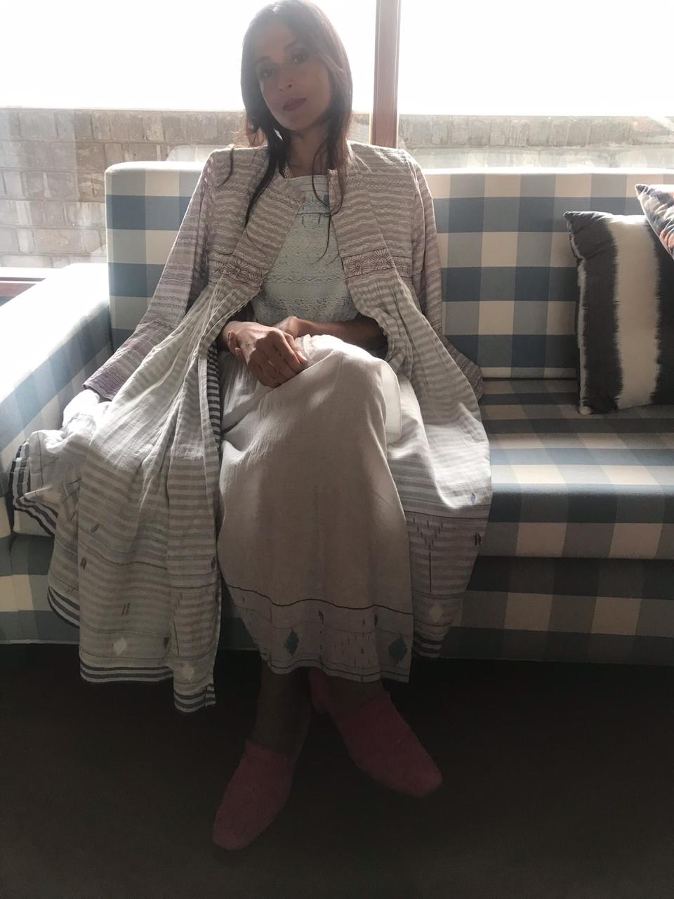PLEATED COAT DRESS, WHITE // GREY STRIPE - SAAKI