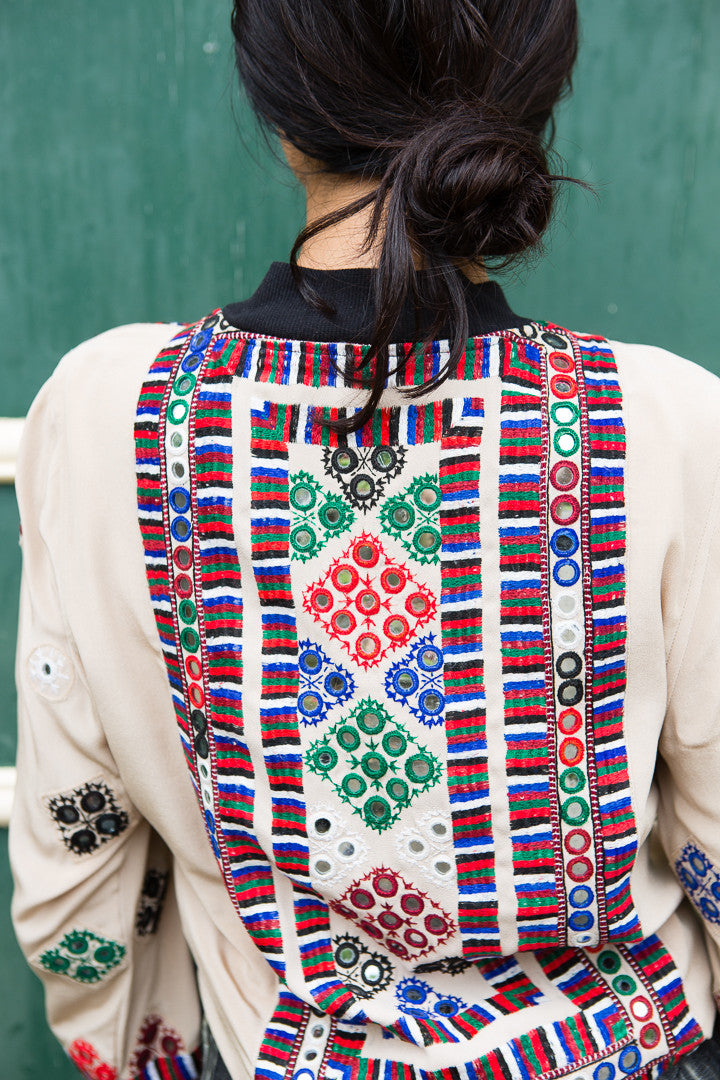 VINTAGE EMBROIDERY BOMBER JACKET, NUDE SILK - SAAKI