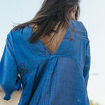 V NECK EMBROIDERED DRESS, DENIM - SAAKI