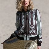 VINTAGE EMBROIDERY BOMBER JACKET, MINT/BROWN/GREEN SILK - SAAKI