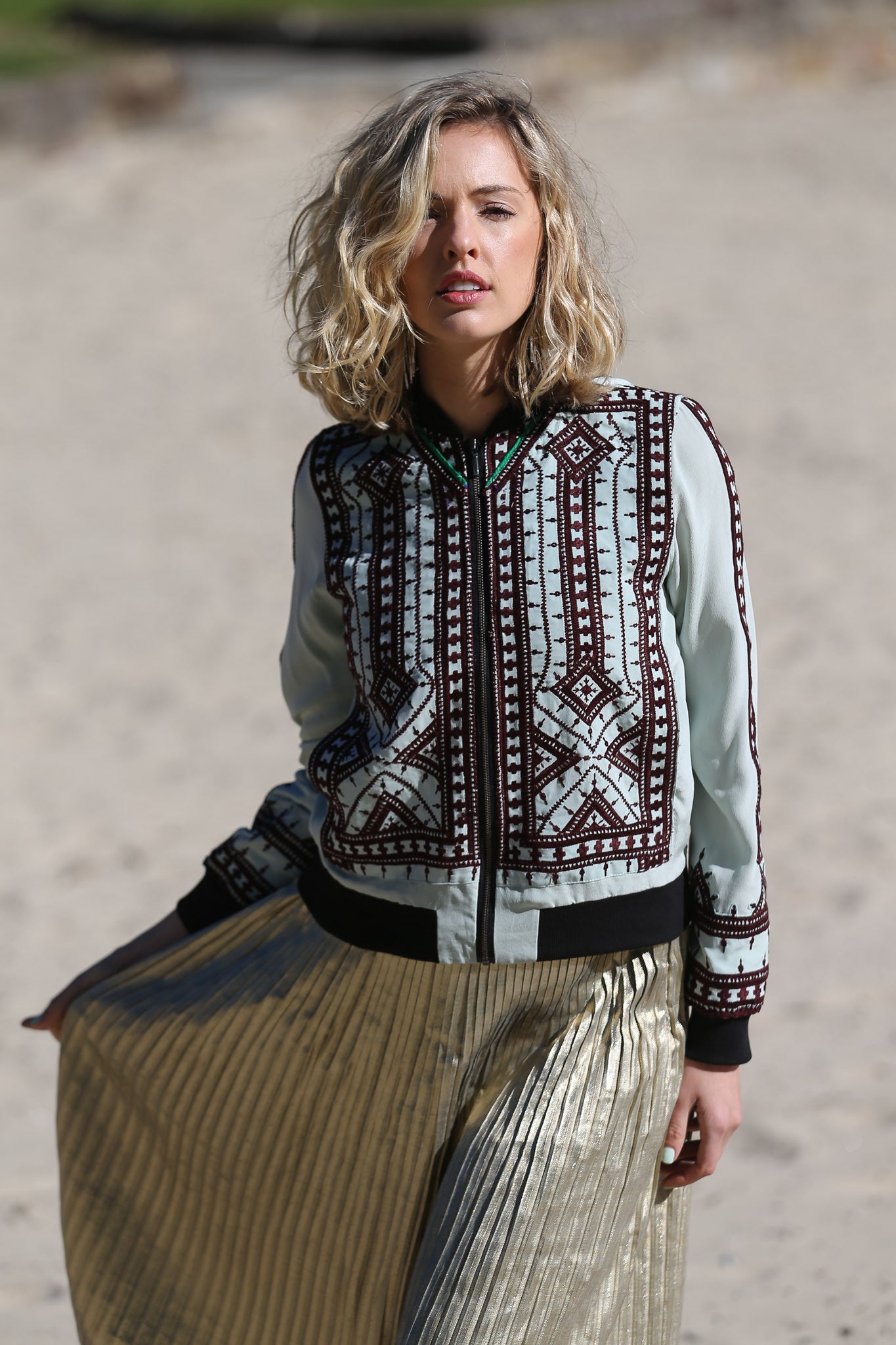 VINTAGE EMBROIDERY BOMBER JACKET, MINT/BROWN/GREEN SILK - SAAKI