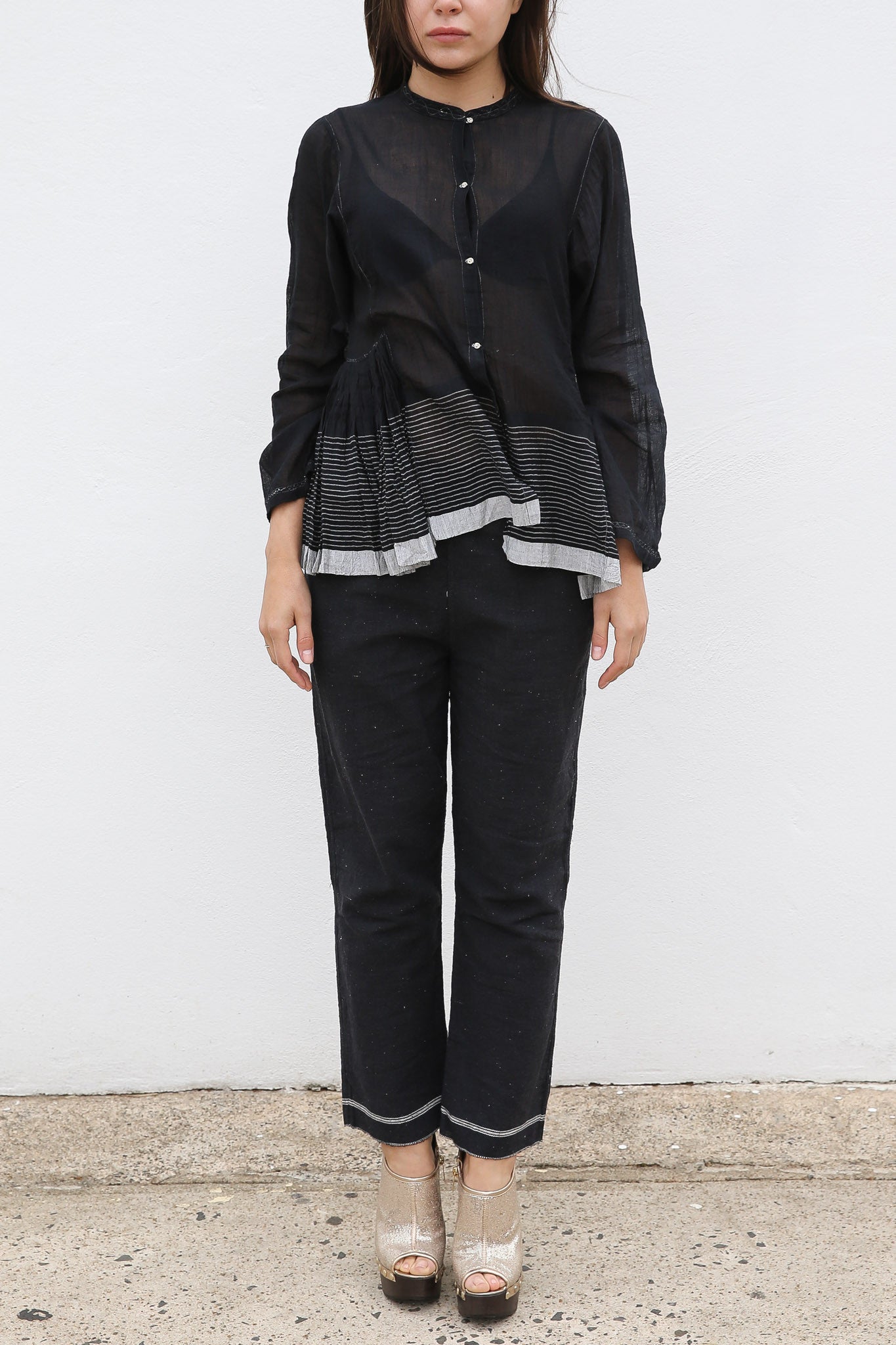 STRIPE GATHERED SHIRT, BLACK SHEER - SAAKI
