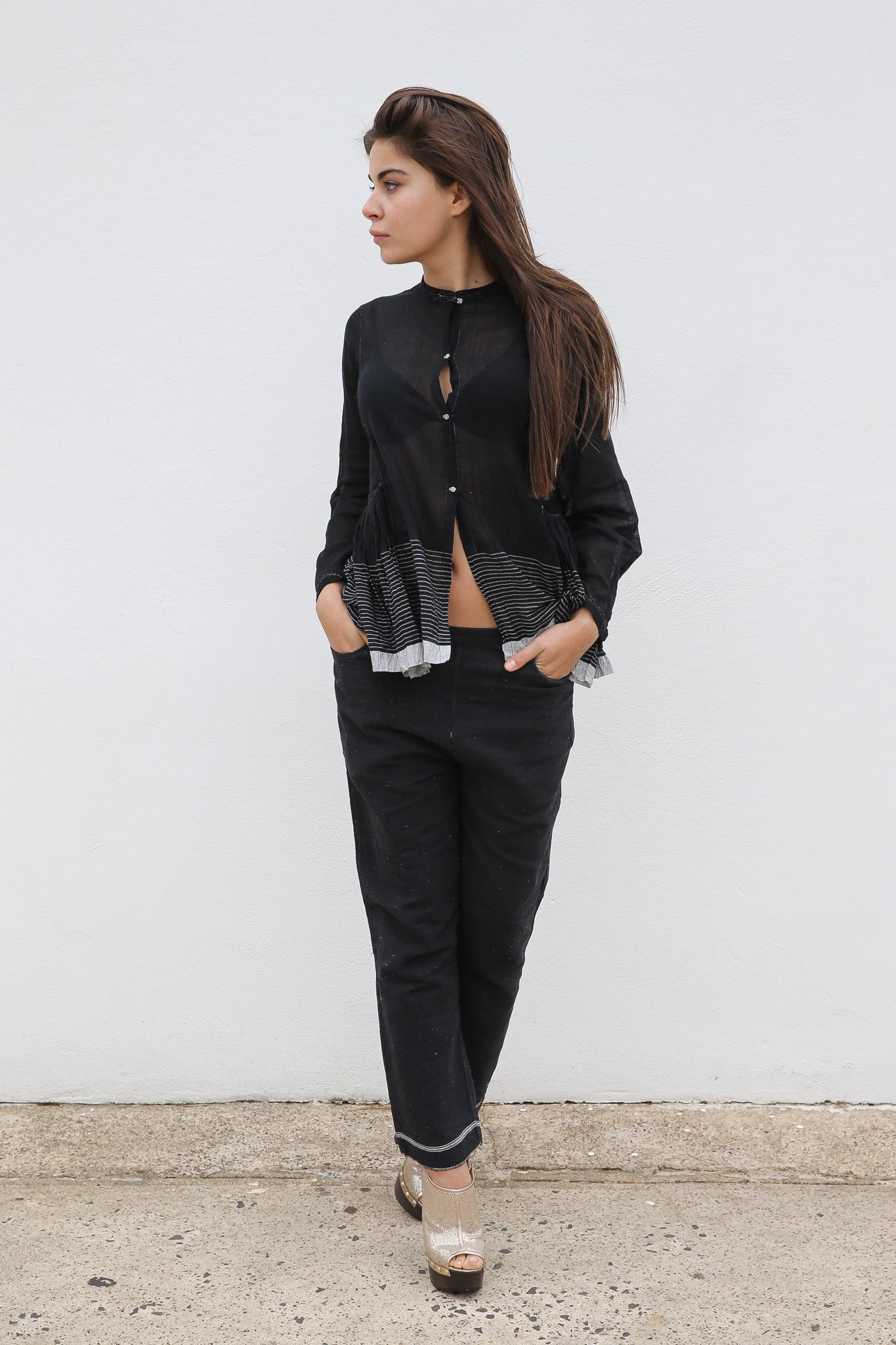 STRIPE GATHERED SHIRT, BLACK SHEER - SAAKI