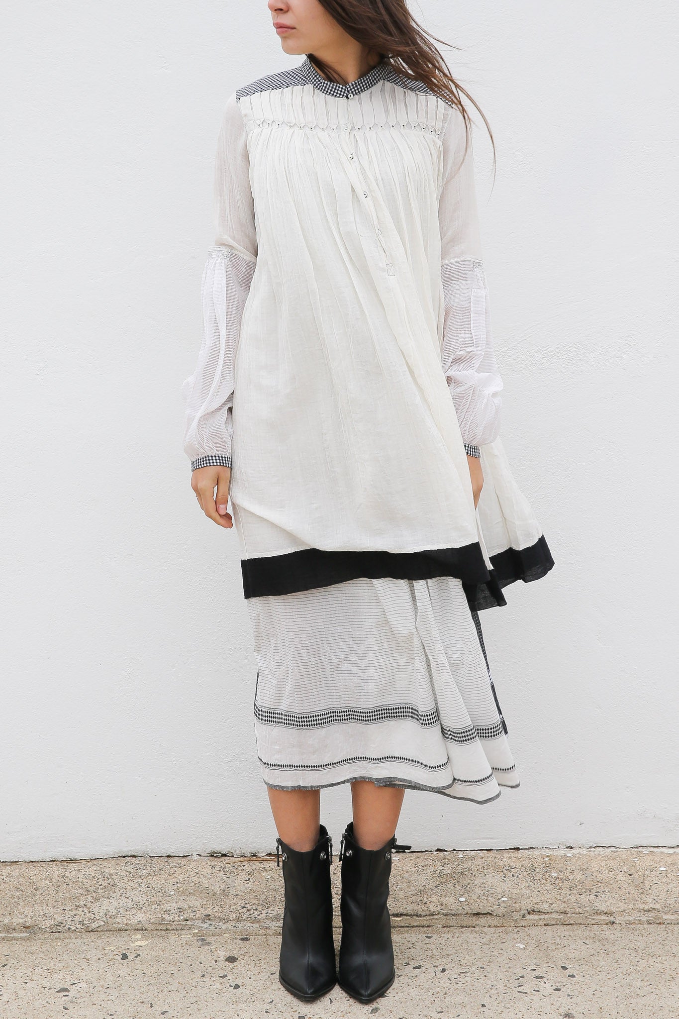 CHECK SHIRT DRESS, IVORY/BLACK HANDWOVEN - SAAKI
