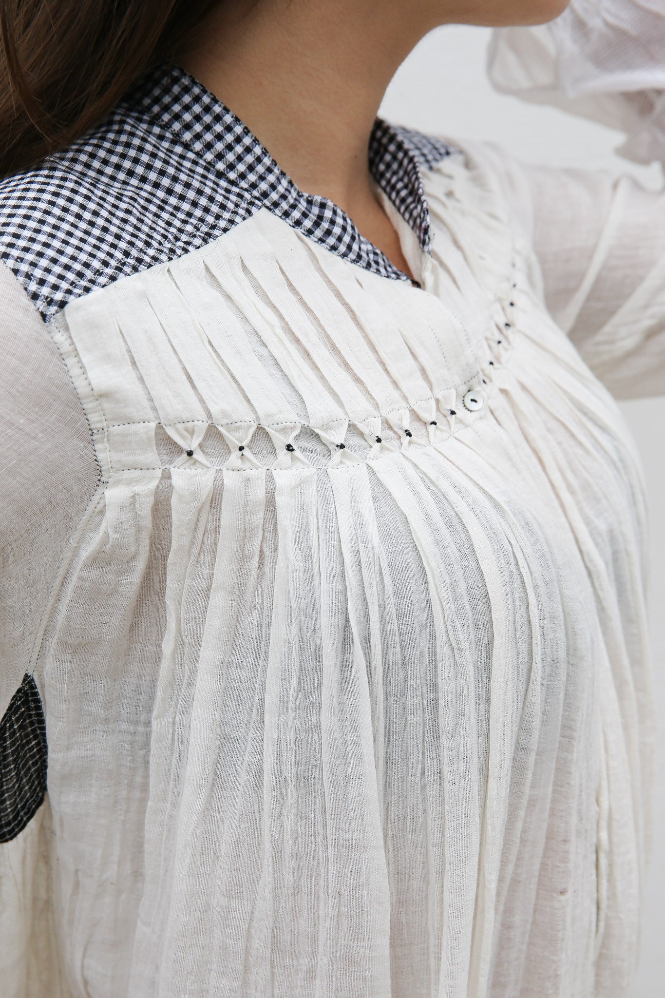 CHECK SHIRT DRESS, IVORY/BLACK HANDWOVEN - SAAKI