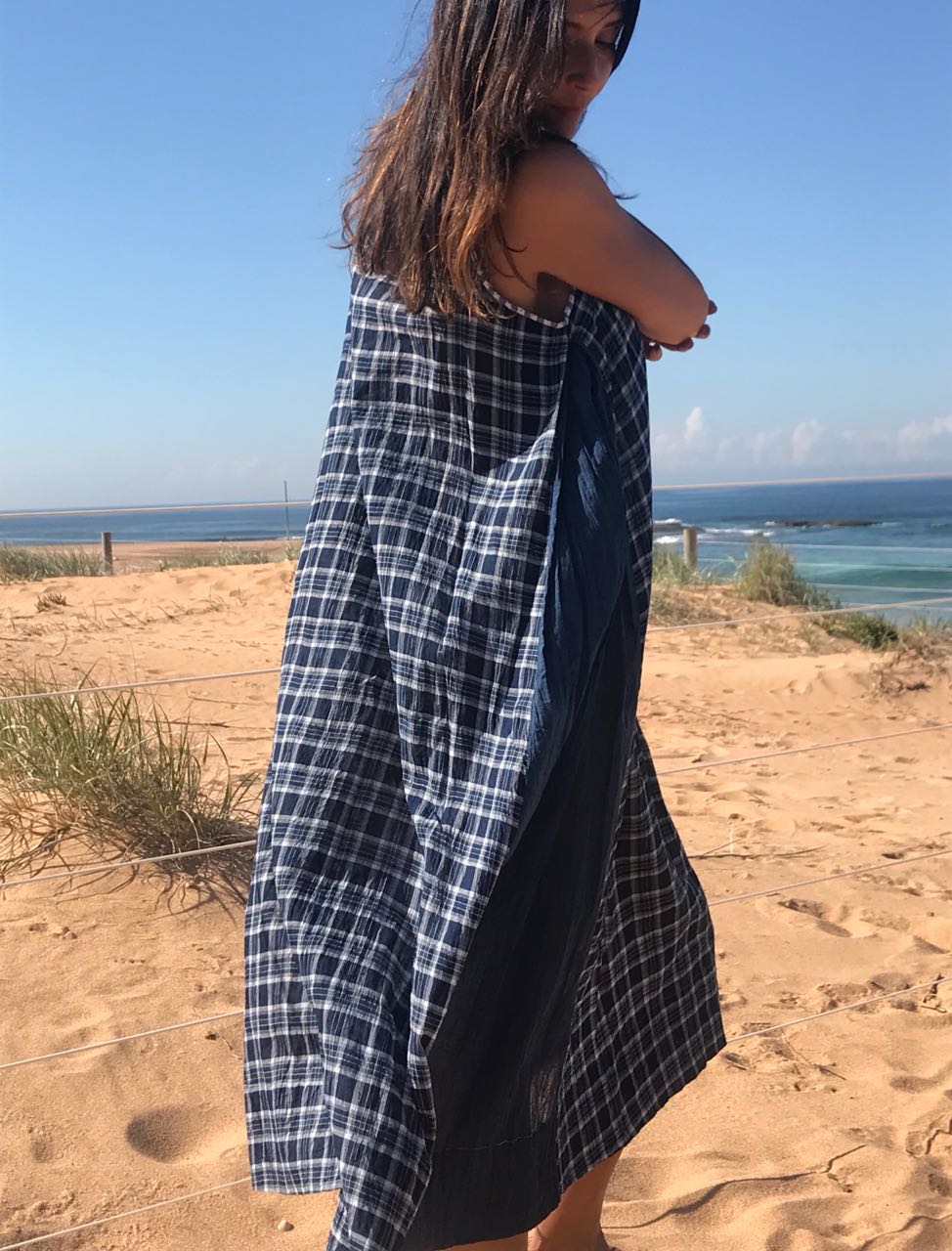 LONG CHECK SLIP DRESS, NAVY - SAAKI