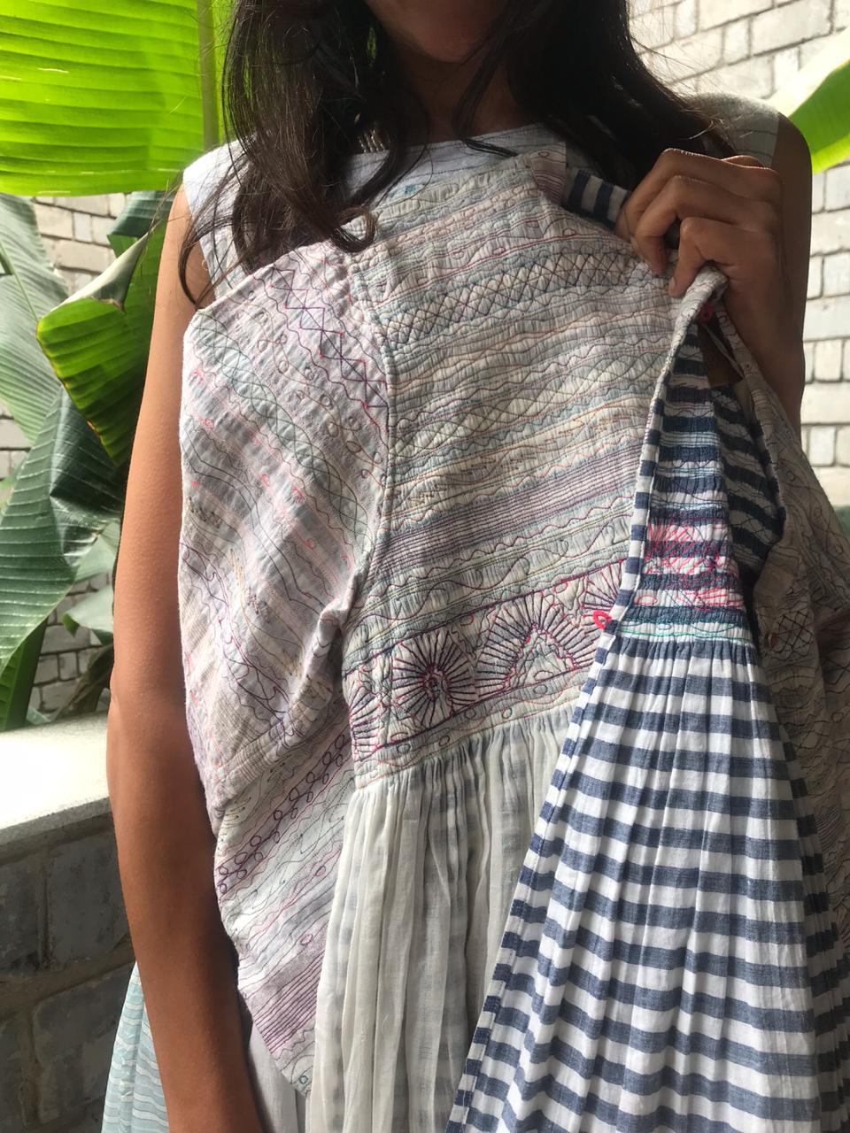 PLEATED COAT DRESS, WHITE // GREY STRIPE - SAAKI