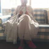 PLEATED COAT DRESS, WHITE // GREY STRIPE - SAAKI