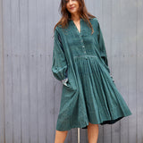 PLEATED EXAGGERATED SLEEVE SHIRT DRESS, GREEN - SAAKI