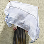 TASSEL POMPOM SCARF, WHITE BLUE GREEN JAMDANI - SAAKI