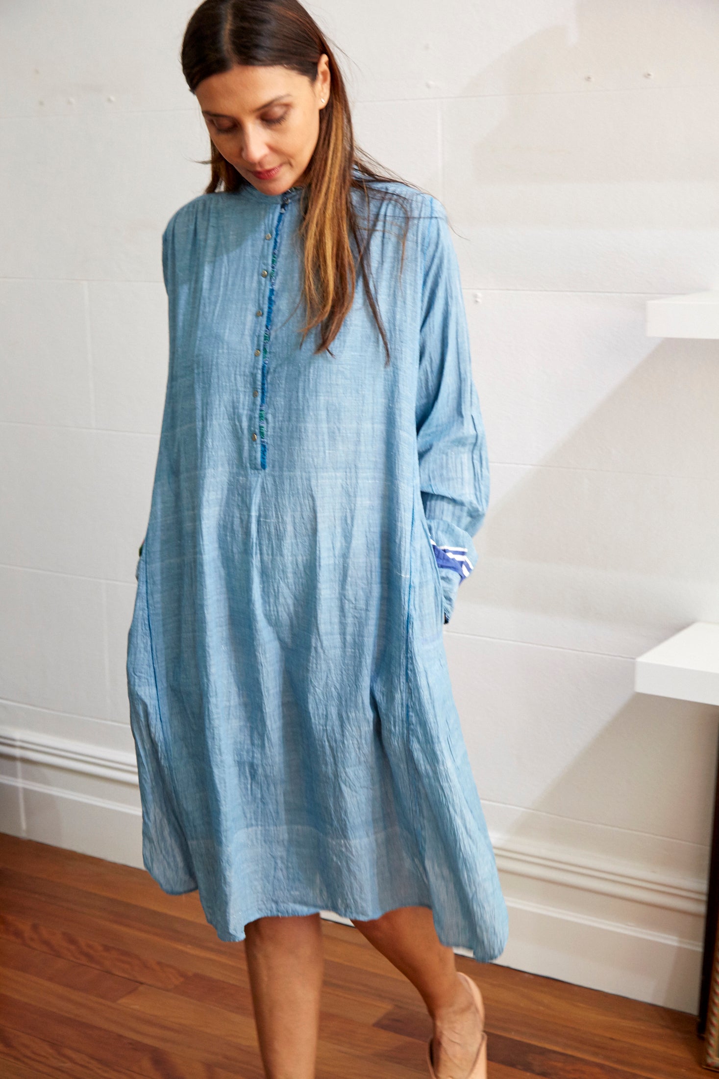 RUFFLE SHIRT DRESS, LIGHT BLUE - SAAKI