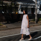 MUSLIN JAMDANI//CHECK DRESS, WHITE SLEEVELESS - SAAKI