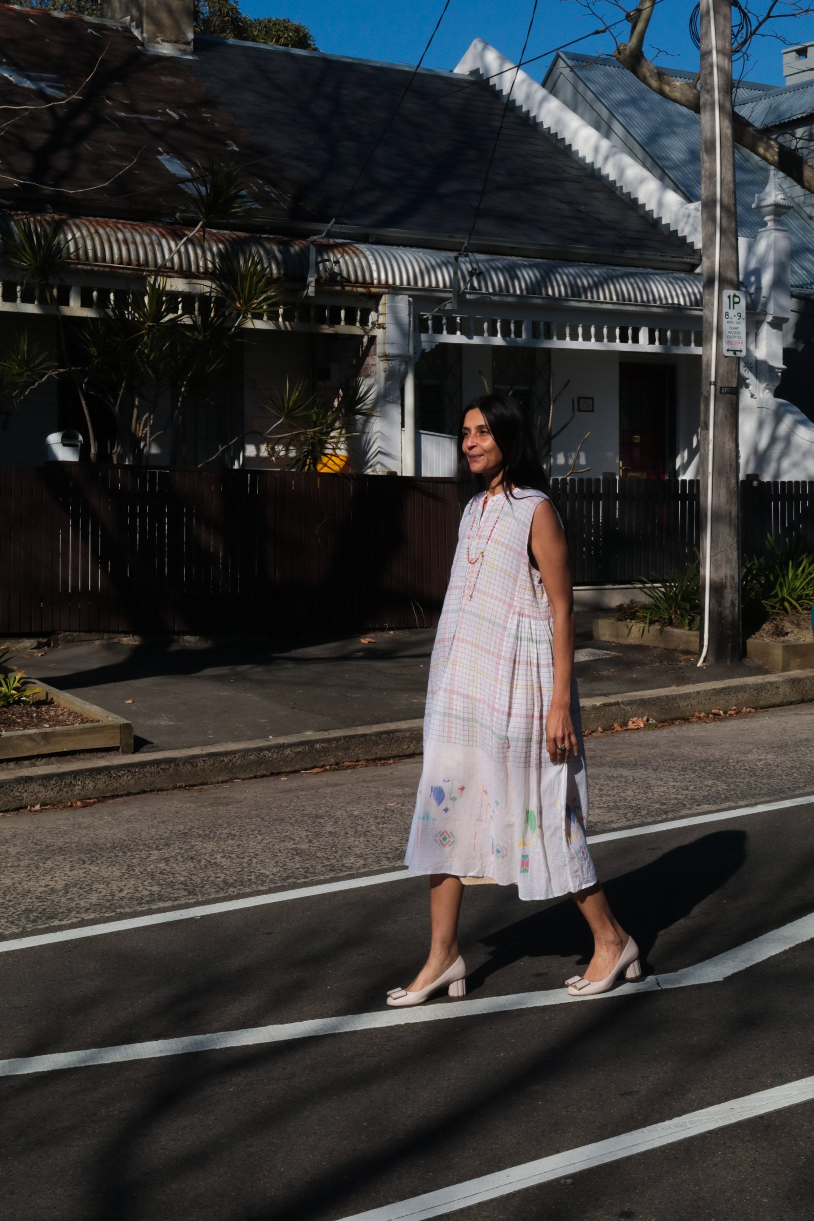 MUSLIN JAMDANI//CHECK DRESS, WHITE SLEEVELESS - SAAKI
