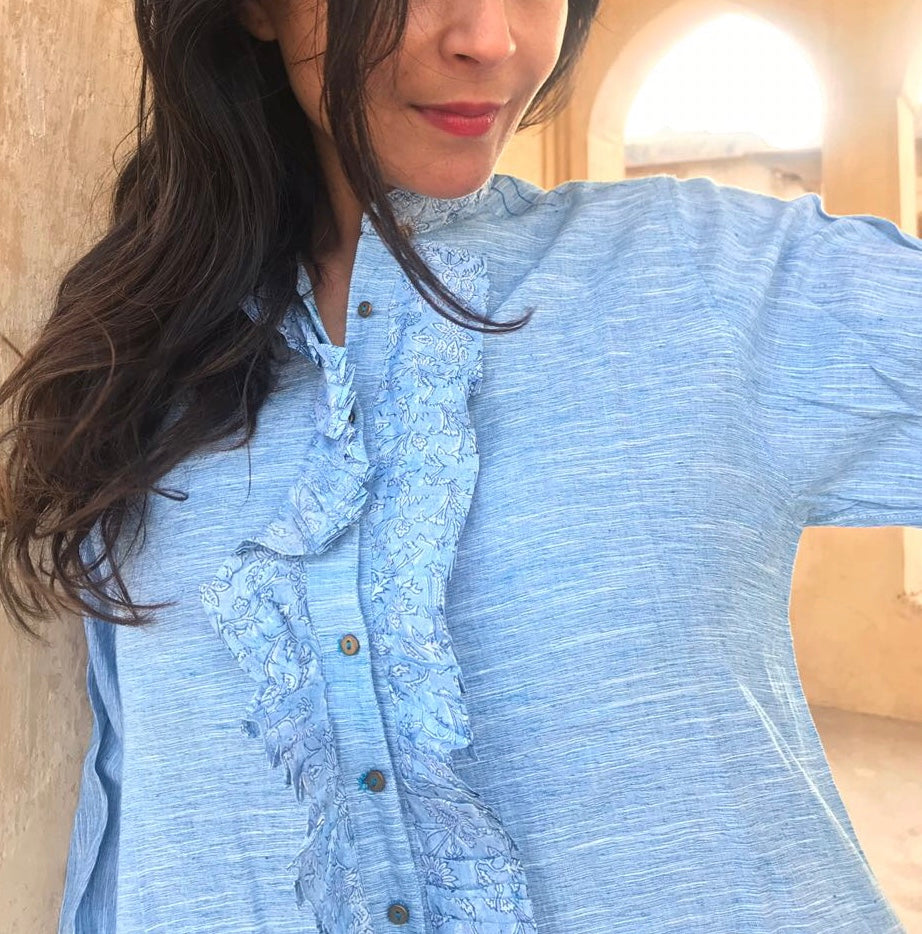 RUFFLE SHIRT DRESS, BLUE - SAAKI