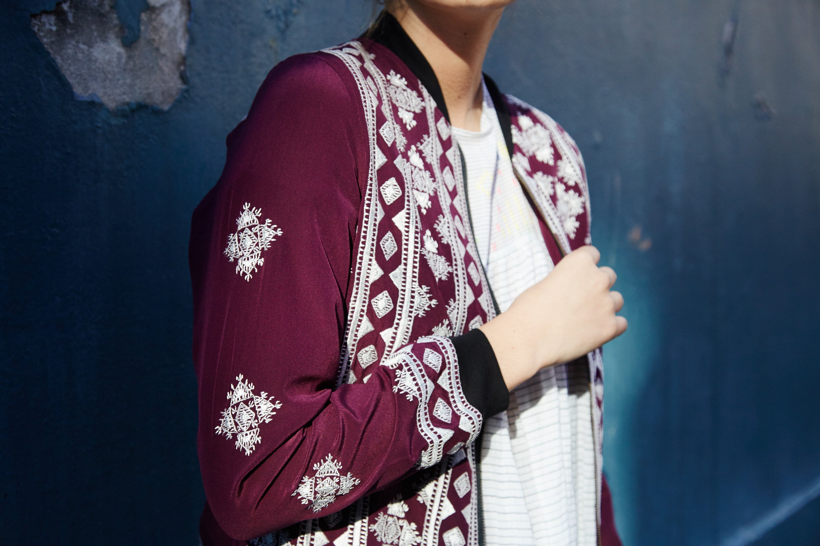 VINTAGE EMBROIDERY BOMBER JACKET, DEEP PURPLE SILK - SAAKI