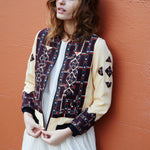VINTAGE EMBROIDERY BOMBER JACKET, LIME YELLOW SILK - SAAKI