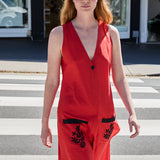 PATNA VEST, RED RAW SILK
