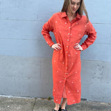 ZINNIA SHIRT DRESS, POLKA BURNT ORANGE JAMDANI
