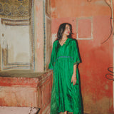 VERA KAFTAN DRESS, GREEN SILK