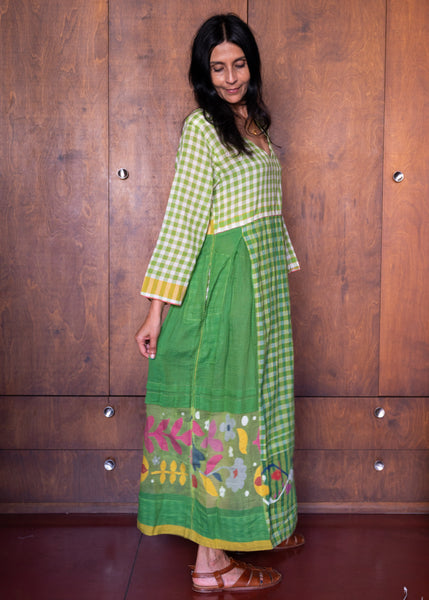 RASA GINGHAM DRESS, GREEN COTTON