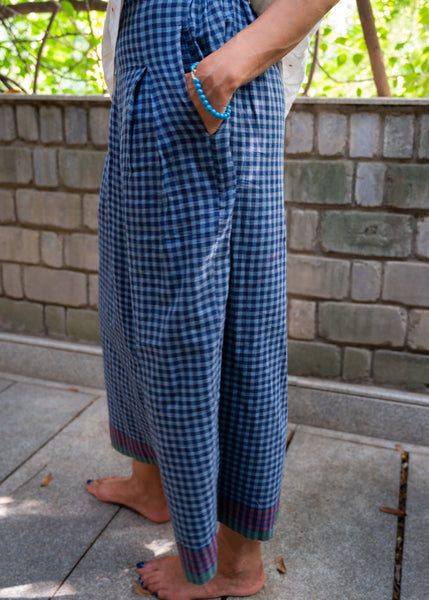 NILA PANT, BLUE CHECK COTTON