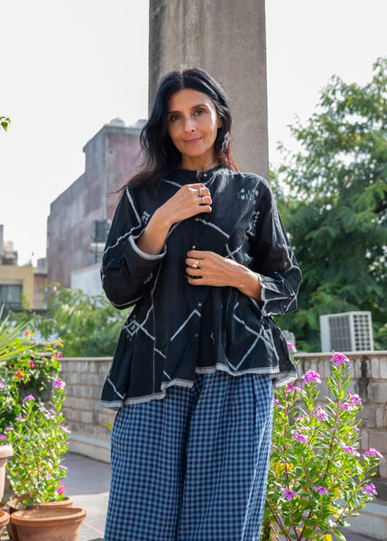 NILA PANT, BLUE CHECK COTTON