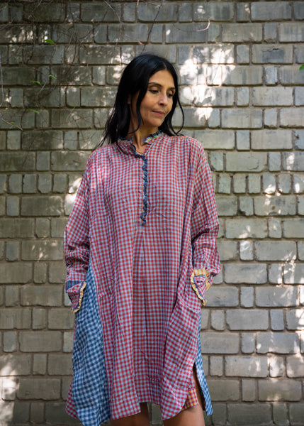 HIBISCUS DRESS, CHECKERED BLUE/RED