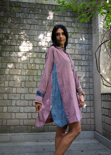 HIBISCUS DRESS, CHECKERED BLUE/RED
