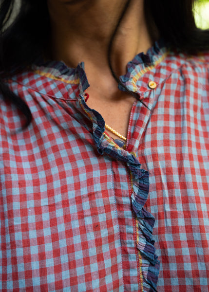 HIBISCUS DRESS, CHECKERED BLUE/RED