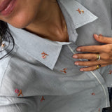 LOTUS SHIRT,  GREY FLORAL EMBROIDERY GINGHAM COTTON